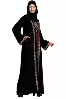 Layered abaya with embroidery work-Black