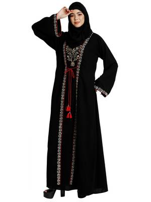Layered abaya with embroidery work-Black 4