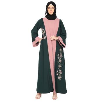 Embroidery work on layered abaya- Bottle Green-baby pink 1