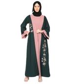 Embroidery work on layered abaya- Bottle Green-baby pink
