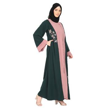 Embroidery work on layered abaya- Bottle Green-baby pink 2