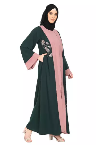 Embroidery work on layered abaya- Bottle Green-baby pink
