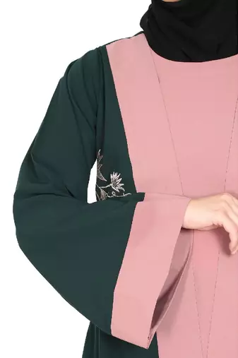 Embroidery work on layered abaya- Bottle Green-baby pink