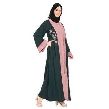 Embroidery work on layered abaya- Bottle Green-baby pink 4