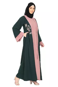 Embroidery work on layered abaya- Bottle Green-baby pink