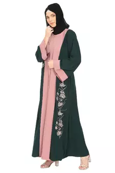Embroidery work on layered abaya- Bottle Green-baby pink