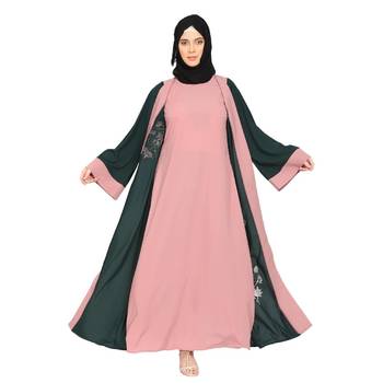 Embroidery work on layered abaya- Bottle Green-baby pink 6