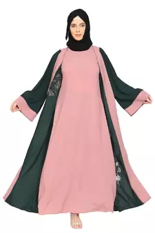 Embroidery work on layered abaya- Bottle Green-baby pink