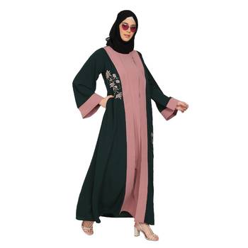 Embroidery work on layered abaya- Bottle Green-baby pink 8