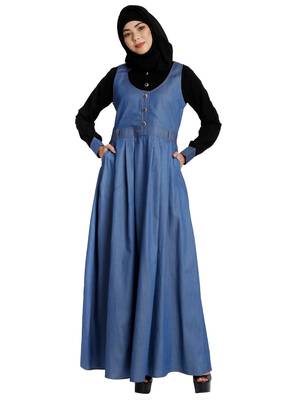 Classic Denim maxi dress with shirt collar- Black-Blue 1
