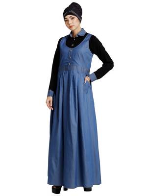 Classic Denim maxi dress with shirt collar- Black-Blue 2