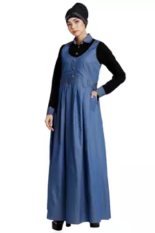 Classic Denim maxi dress with shirt collar- Black-Blue