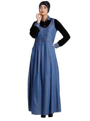 Classic Denim maxi dress with shirt collar- Black-Blue 3