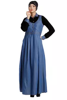 Classic Denim maxi dress with shirt collar- Black-Blue