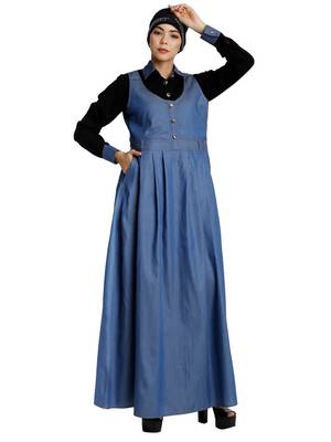 Classic Denim maxi dress with shirt collar- Black-Blue 4