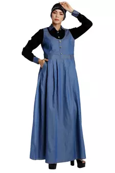 Classic Denim maxi dress with shirt collar- Black-Blue