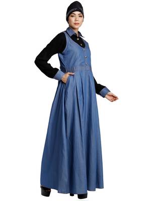 Classic Denim maxi dress with shirt collar- Black-Blue 5