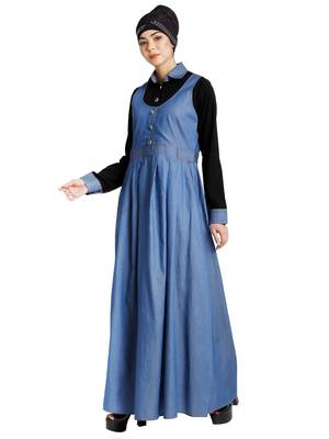 Classic Denim maxi dress with shirt collar- Black-Blue 6
