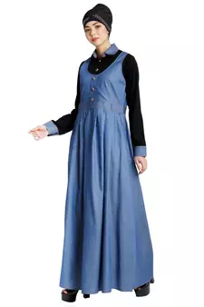 Classic Denim maxi dress with shirt collar- Black-Blue
