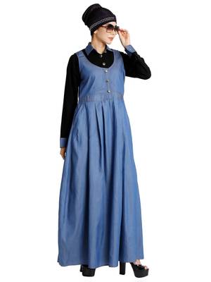 Classic Denim maxi dress with shirt collar- Black-Blue 8