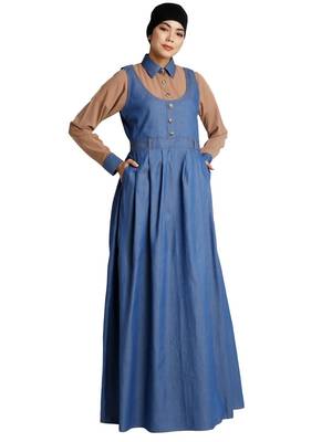 ClaClassic Denim maxi dress with shirt collar- Khaki-Blue 2