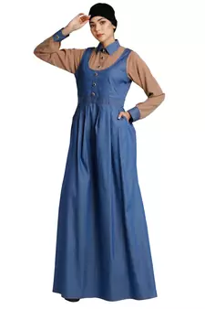 ClaClassic Denim maxi dress with shirt collar- Khaki-Blue