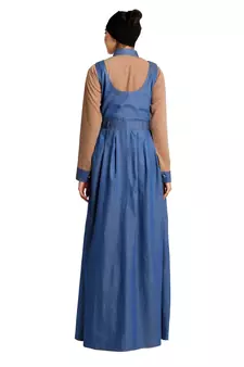 ClaClassic Denim maxi dress with shirt collar- Khaki-Blue