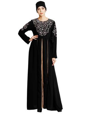 Umbrella abaya with embroidery work - Black-Khaki 1