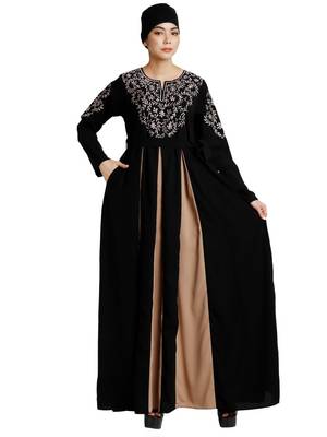 Umbrella abaya with embroidery work - Black-Khaki 2