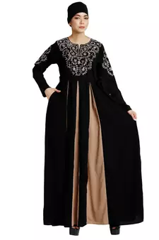 Umbrella abaya with embroidery work - Black-Khaki