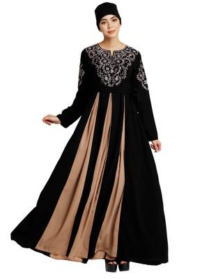 Umbrella abaya with embroidery work - Black-Khaki 3