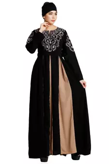 Umbrella abaya with embroidery work - Black-Khaki