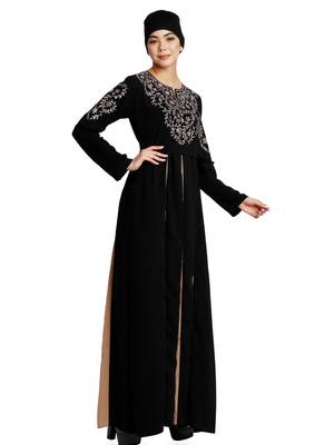 Umbrella abaya with embroidery work - Black-Khaki 5