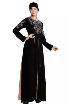 Umbrella abaya with embroidery work - Black-Khaki