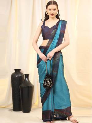 Leeza Store Women'S Blue Chiffon Brasso Fancy Abstract Printed Trendy Saree With Running Blouse Piece 1