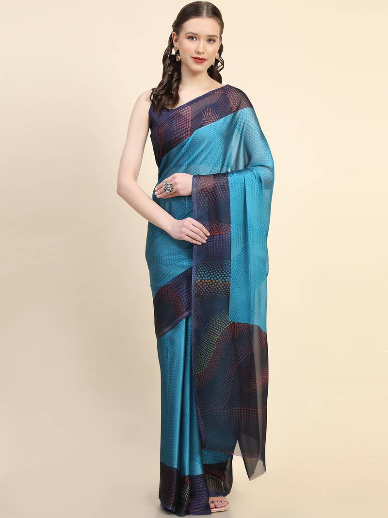Leeza Store Women'S Blue Chiffon Brasso Fancy Abstract Printed Trendy Saree With Running Blouse Piece