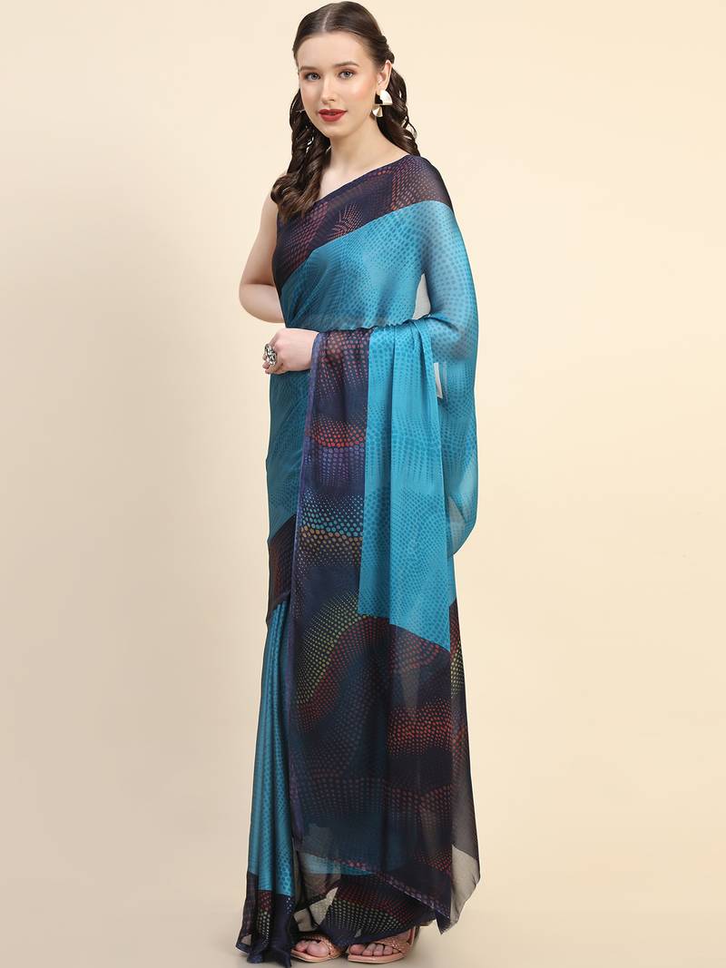 Leeza Store Women'S Blue Chiffon Brasso Fancy Abstract Printed Trendy Saree With Running Blouse Piece