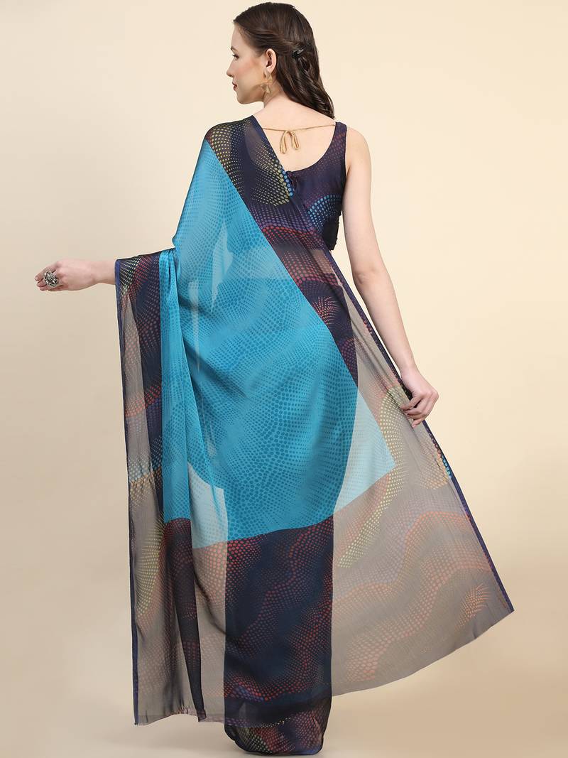 Leeza Store Women'S Blue Chiffon Brasso Fancy Abstract Printed Trendy Saree With Running Blouse Piece
