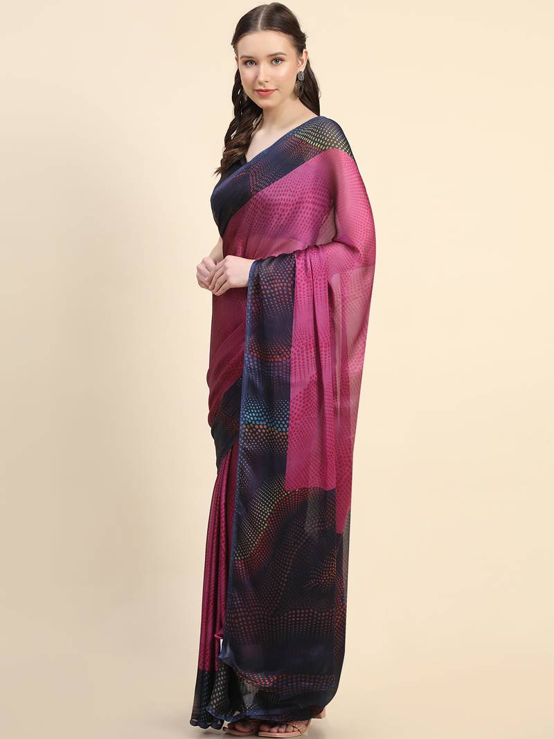 Leeza Store Women'S Purple Chiffon Brasso Fancy Abstract Printed Trendy Saree With Running Blouse Piece