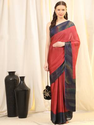 Leeza Store Women'S Red Chiffon Brasso Fancy Abstract Printed Trendy Saree With Running Blouse Piece 1