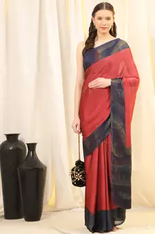 Leeza Store Women'S Red Chiffon Brasso Fancy Abstract Printed Trendy Saree With Running Blouse Piece