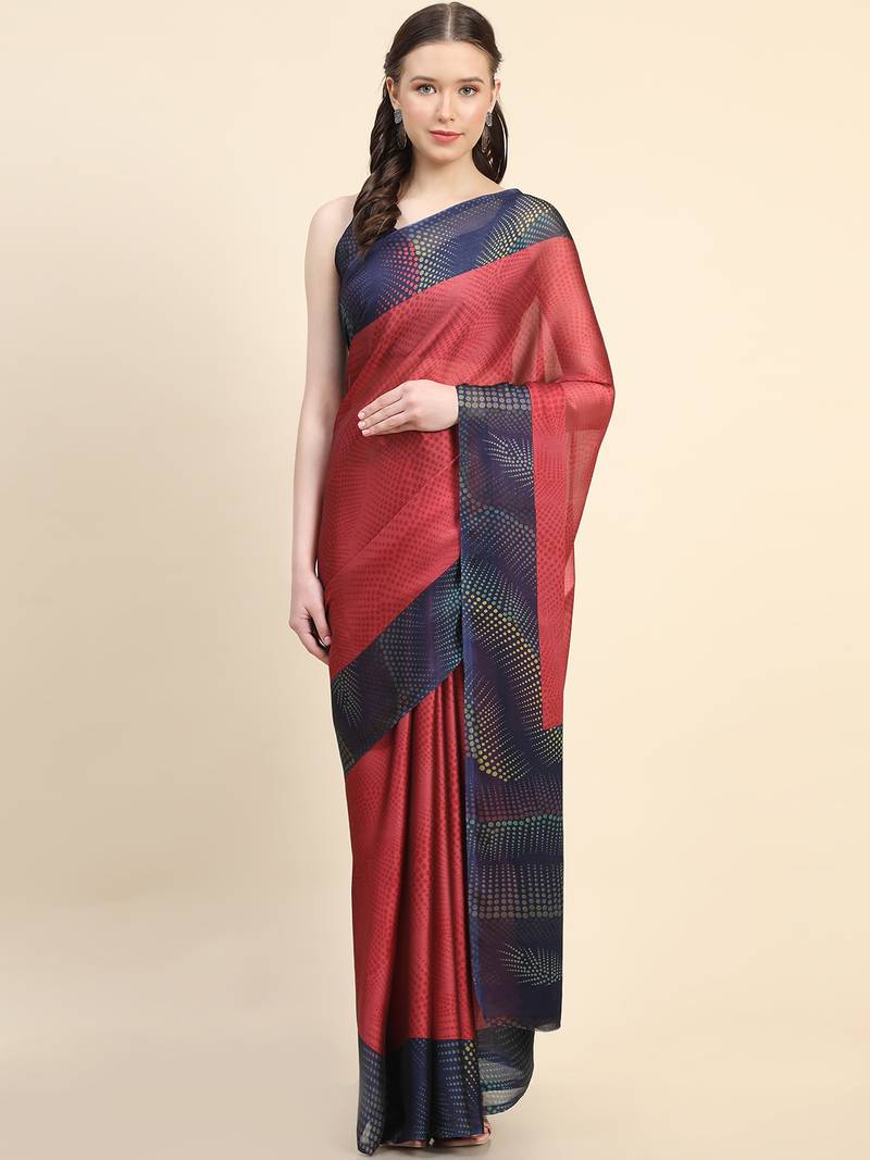 Leeza Store Women'S Red Chiffon Brasso Fancy Abstract Printed Trendy Saree With Running Blouse Piece