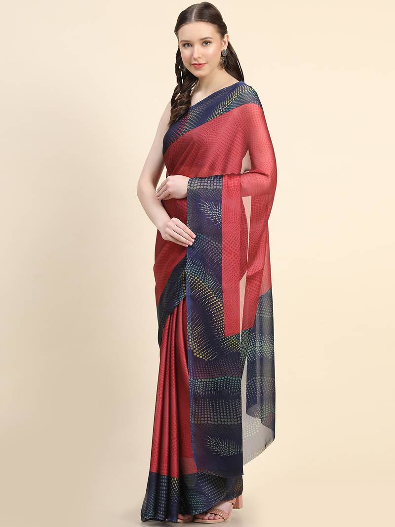 Leeza Store Women'S Red Chiffon Brasso Fancy Abstract Printed Trendy Saree With Running Blouse Piece