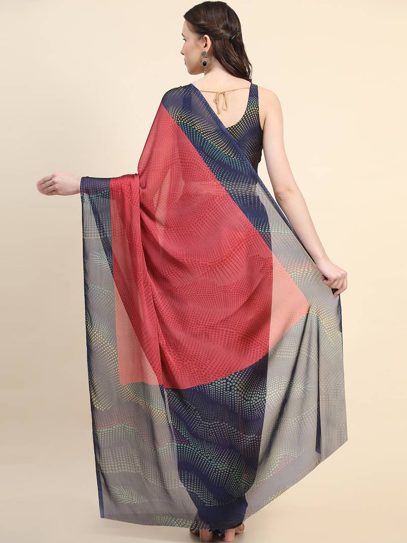 Leeza Store Women'S Red Chiffon Brasso Fancy Abstract Printed Trendy Saree With Running Blouse Piece