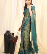 Leeza Store Women's Green Chiffon Brasso Fancy Floral Vine Printed Trendy Saree With Running Blouse Piece