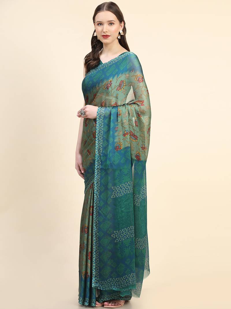 Leeza Store Women's Green Chiffon Brasso Fancy Floral Vine Printed Trendy Saree With Running Blouse Piece