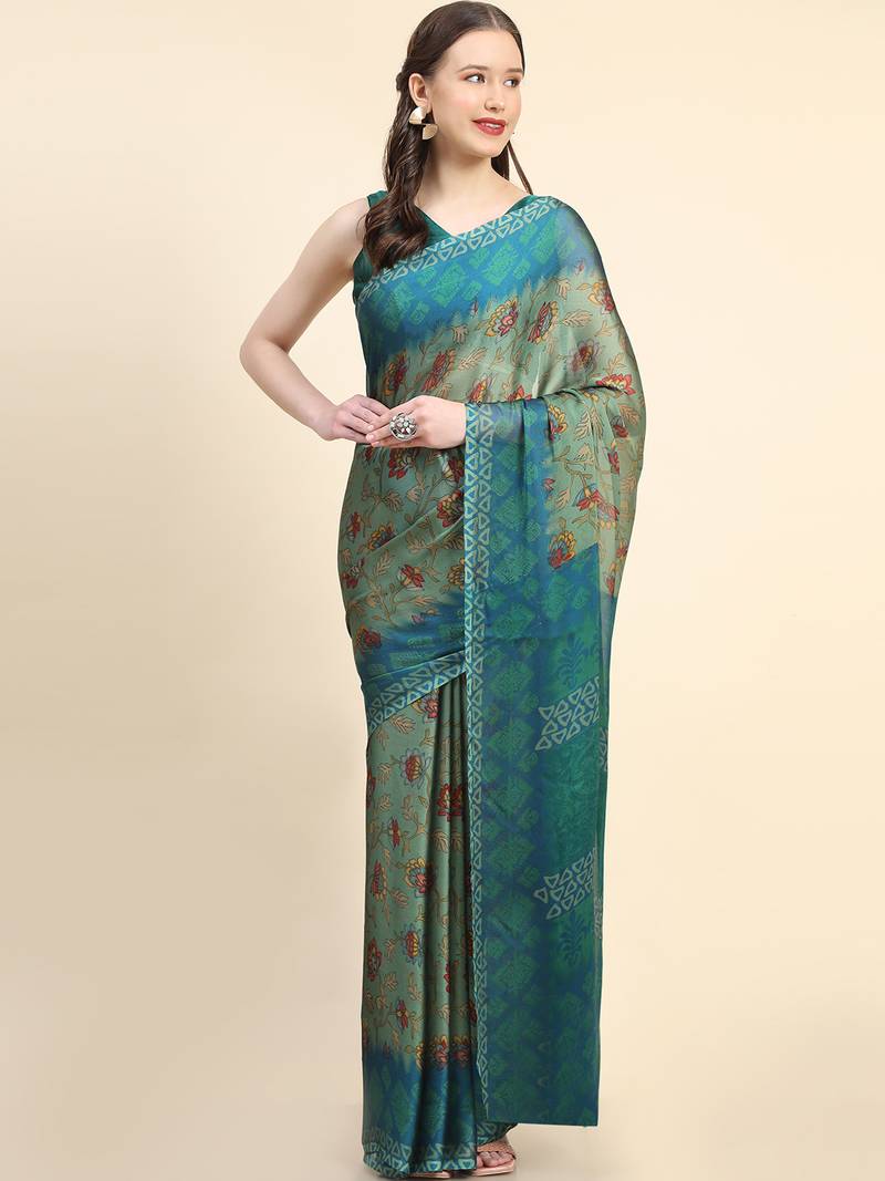 Leeza Store Women's Green Chiffon Brasso Fancy Floral Vine Printed Trendy Saree With Running Blouse Piece