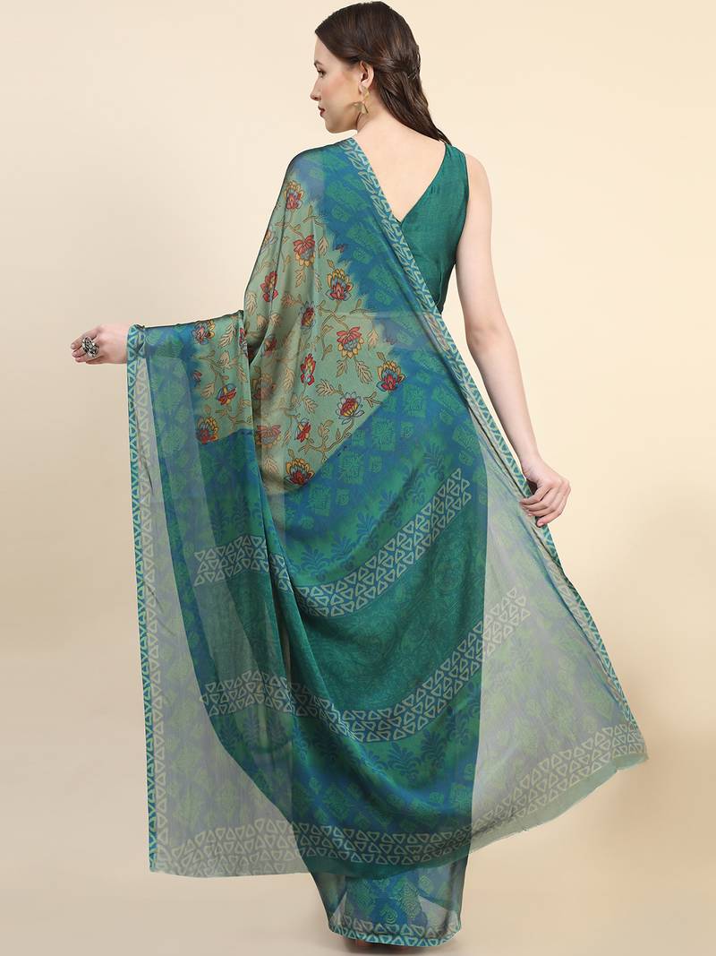 Leeza Store Women's Green Chiffon Brasso Fancy Floral Vine Printed Trendy Saree With Running Blouse Piece