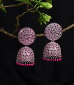 Pink & silver-Toned Dome Shaped Jhumkas