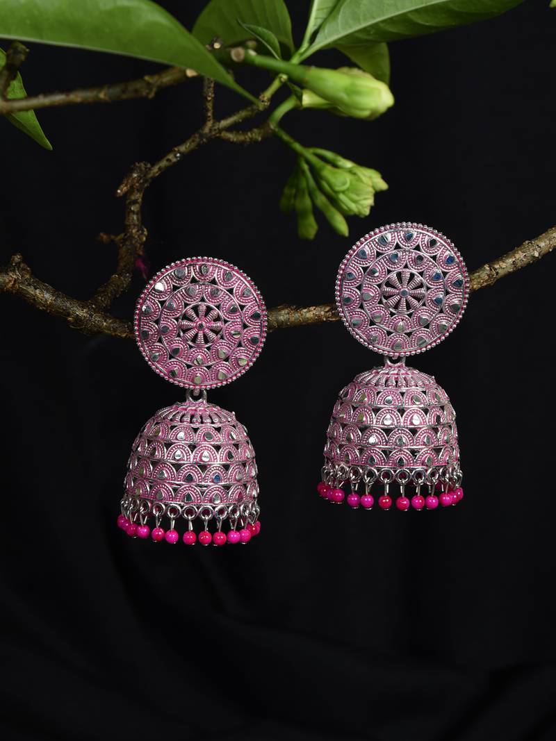 Pink & silver-Toned Dome Shaped Jhumkas